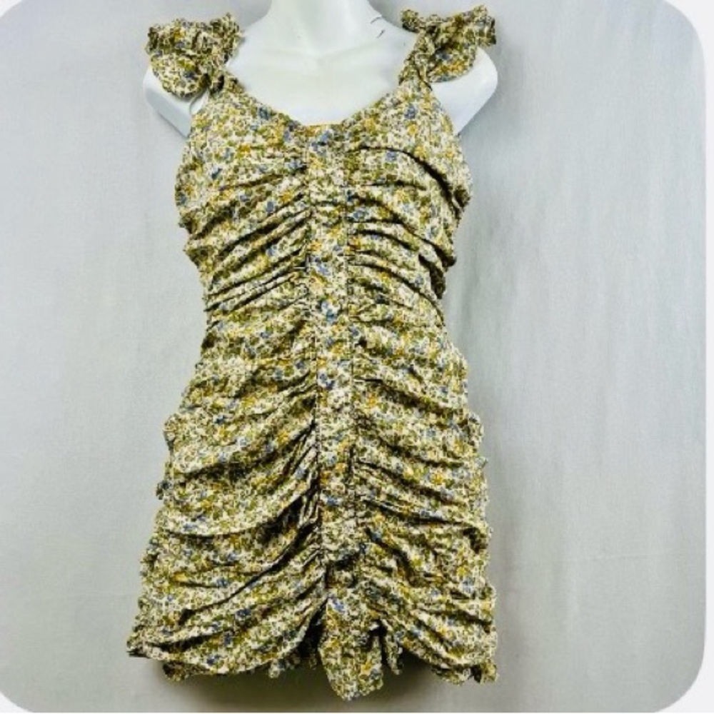 Vici Yellow Floral Ruched Camisole with Tie Straps